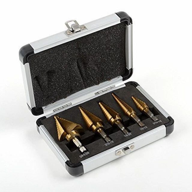 5pc Step Drill Bit Set w/ Metal Case,SAE, Quick-Change,1/4&3/8 Shank 1/8 to 7/8