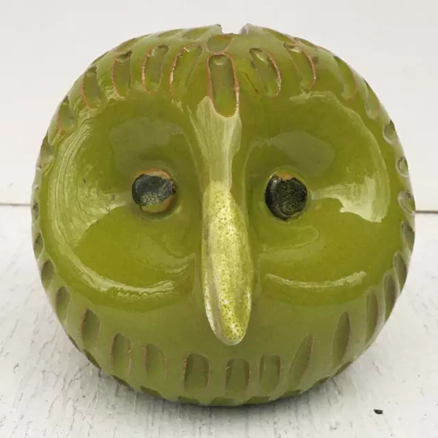 Vintage MCM Mod 1970s Avocado Green Handmade Ceramic Pottery Art OWL Bank