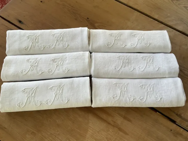 VALENTINE!! Antique French Linen Large Napkins Monogrammed’M M’ For MARRY ME!!