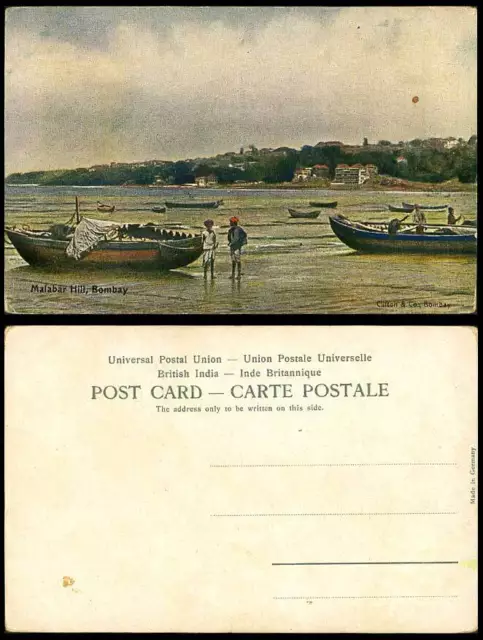 India Old Colour Postcard Malabar Hill, Bombay, Fishing Boats Fishermen Panorama
