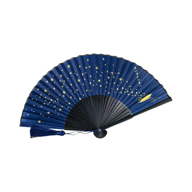 Classica ventola pieghevole in seta stellata, tessuto cinese giapponese danza pieghevole bambù J5U3