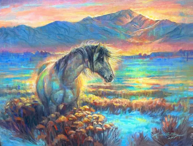 Original Oil painting Mustang Horse Sage Lake bottom Sun Rise South WESTERN ART