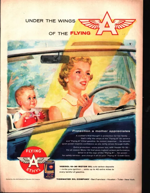 Vintage 1956 VEEDOL FLYING A MOTOR OIL Lg Full Pg Print Ad MOTHER & BABY DRIVING