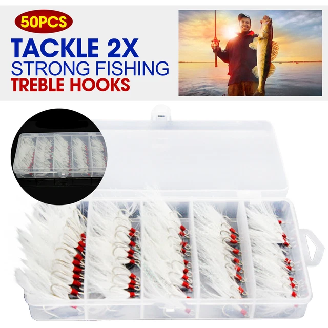 50Pcs Tackle 2X Strong Fishing Treble Hooks with Feather Dressed 2/4/6/8/10# Set