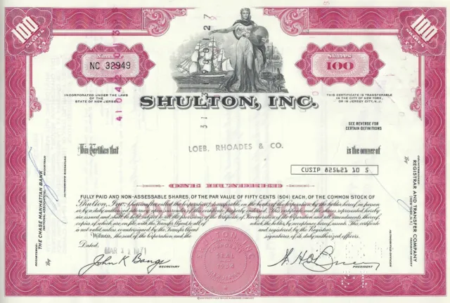 SHULTON Inc., New Jersey, 1971 (100 Shares)