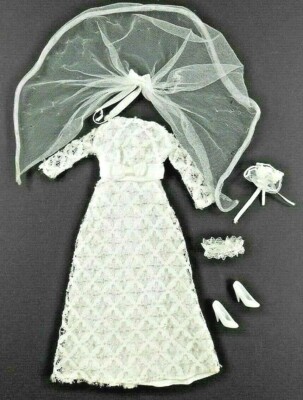 Barbie Vintage Clone Shillman Maddie Mod White Silver Lace Wedding Gown w/ Veil