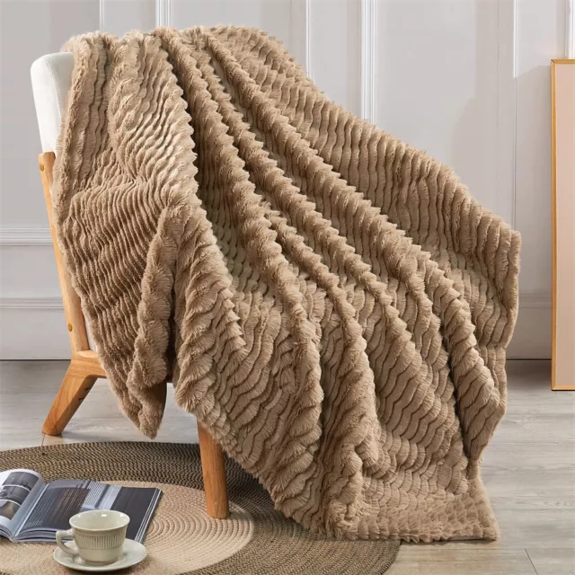 Wavy Pattern Faux Fur Throw with Micromink Back, Warm Plush Decorative Blanket