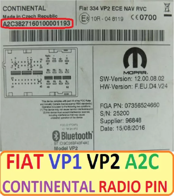 Unlock Pin Code provided FIAT CONTINENTAL UNLOCK CODE A2C VP1 VP2 Radio Stereo