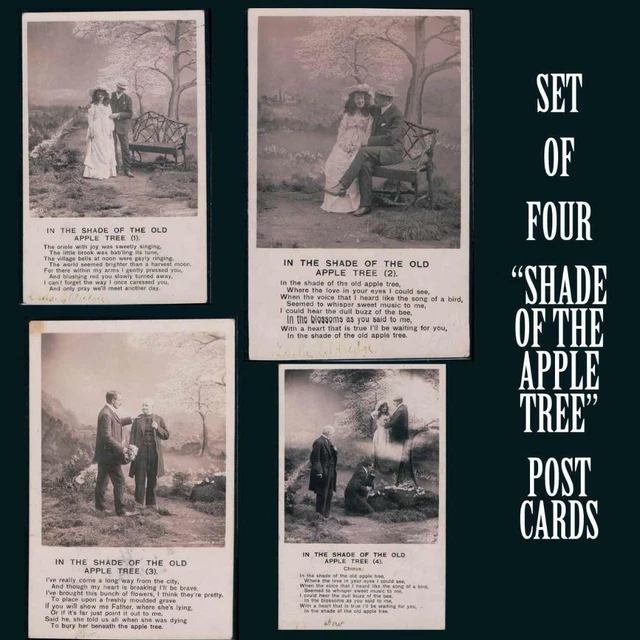 Set Of 4 Shade Of The Old Apple Tree Poem, Romantic Couple Rppc Postcard F21