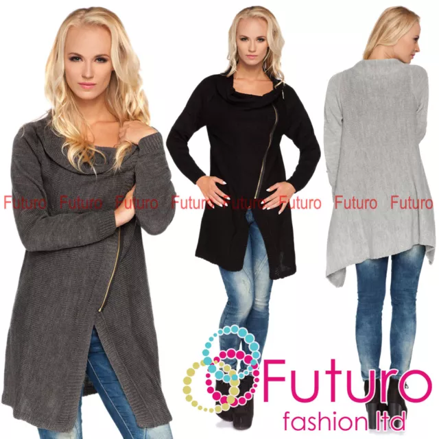 Womens Long Thick Blazer With Asymmetric Zip Cardigan Sweater Sizes 8-14 MV151