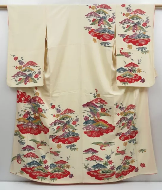 3201T13z1050  Japanese Kimono Silk CHU-FURISODE Flying crane Off-white