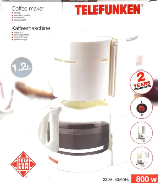 Kaffeemaschine Telefunken 1,2 L 12 Tassen 800 Watt weiss Glaskanne Schwenkfilter