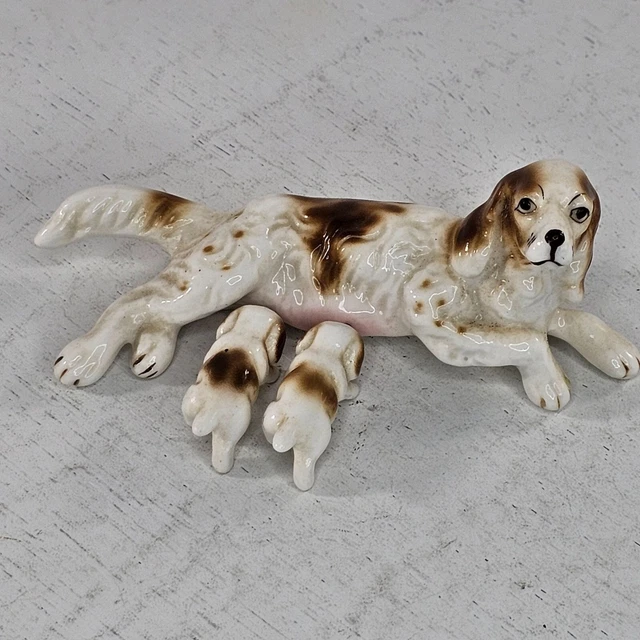 Vintage Bone China Nursing Springer Spaniel Dog Puppies Miniature Figurine Japan