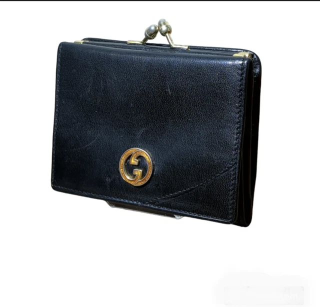 Authentic GUCCI Vintage Folding Wallet, black leather,  Rare, clasp , 1980's #48