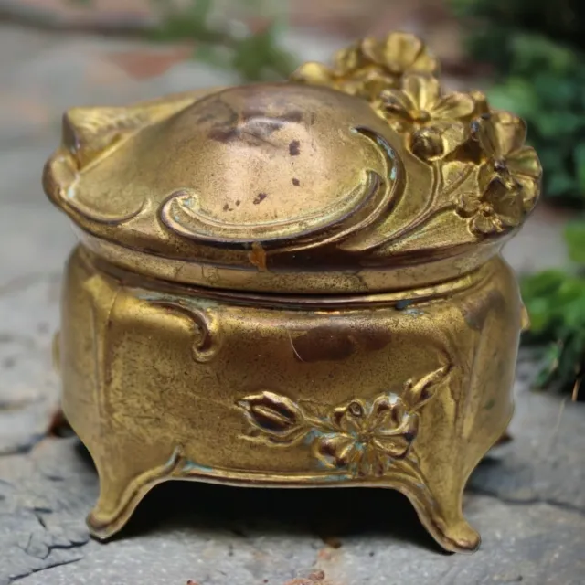 Vintage Victorian Art Nouveau Jewelry Casket Trinket Box Gold Tone