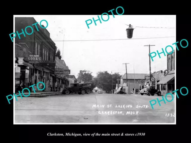 OLD LARGE HISTORIC PHOTO OF CLARKSTON MICHIGAN THE MAIN STREET & STORES c1930