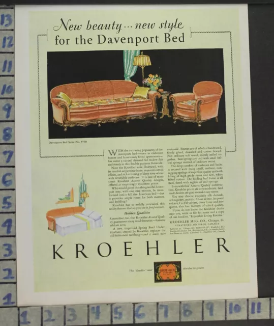 1928 Kroehler Davenport Bed Sofa Suite Sleeper Home Decor Vintage Art Ad Cf31