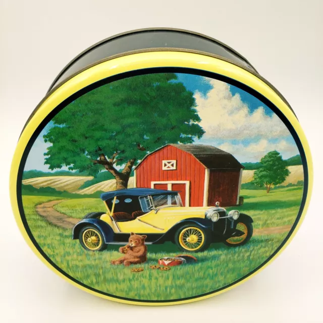 Farm Barn Roadster Bear Tin 1990s Fresh Beginnings Round Metal Cookie Empty 7"