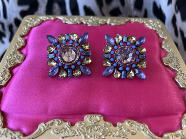 Betsey Johnson St. Barts Lavender Purple Topaz Blue Jeweled Square Earrings RARE