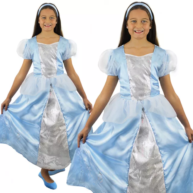 Girls Cinderella Blue Princess Costume Childs Fancy Dress Fairytale Cinders