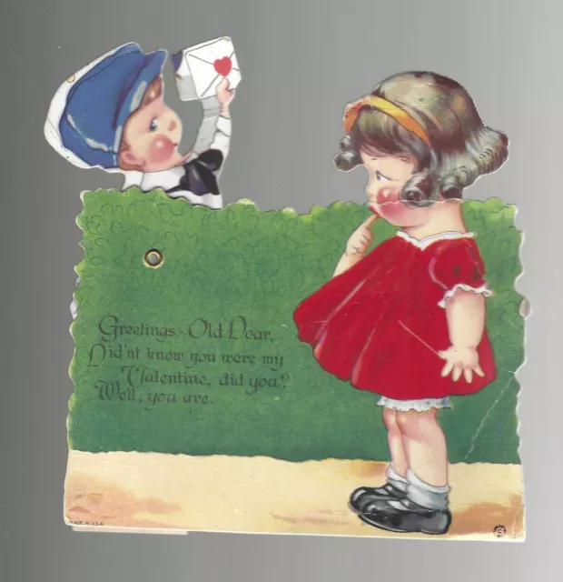 1930s MECHANICAL VALENTINES DAY Vintage *GREETING CARD* Good Cond BOY GIRL MAIL