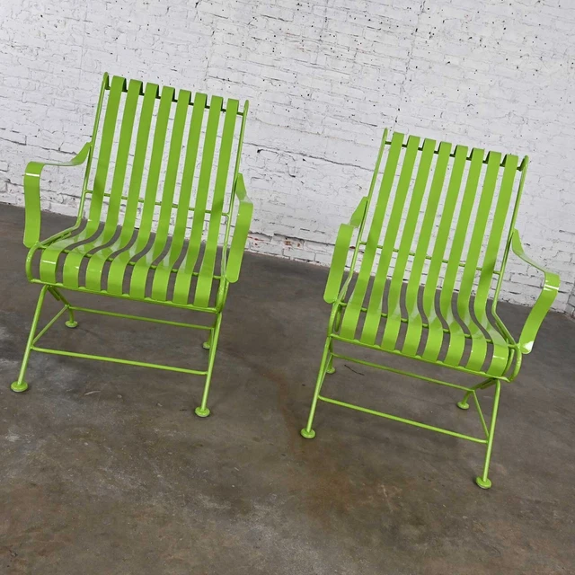 MCM Tropical Leaf Green Painted Metal Outdoor Slatted Springer Chairs a Pair
