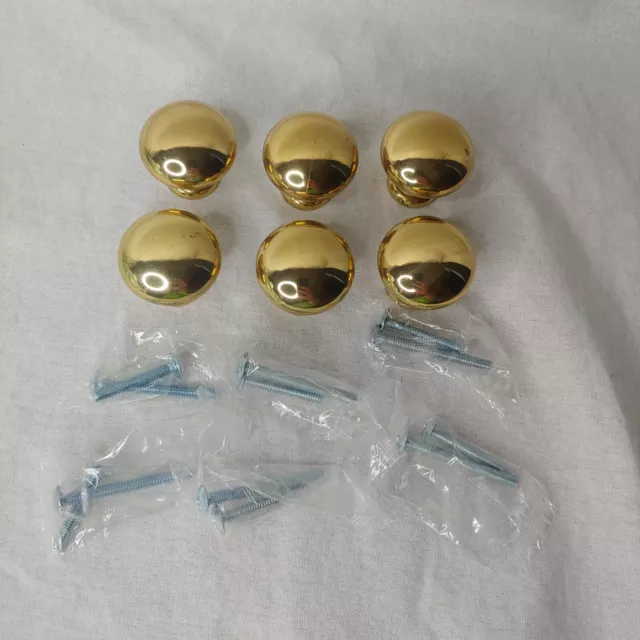 Solid Brass Round Drawer Pulls Knobs Set of 6 Used w Screws 1.25" Cabinet Lot2