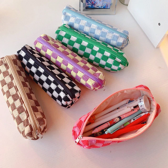 Cute Grid Pencil Case Chequered Knitted Cosmetic Bag Pencilcase School Supplies