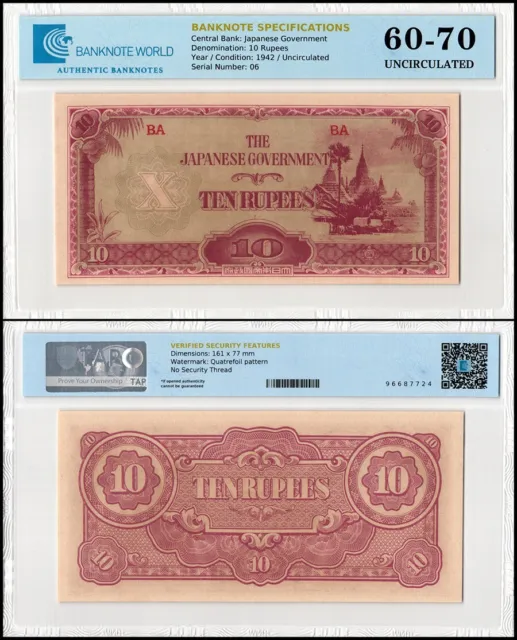 Burma Japanese Occupation 10 Rupees, 1942, P-16a, UNC, Authenticated Banknote