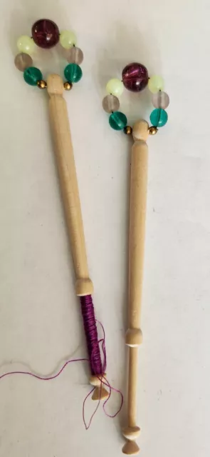 Set of 2 Carved Wood Spangled Lace Bobbins with Glass Beads