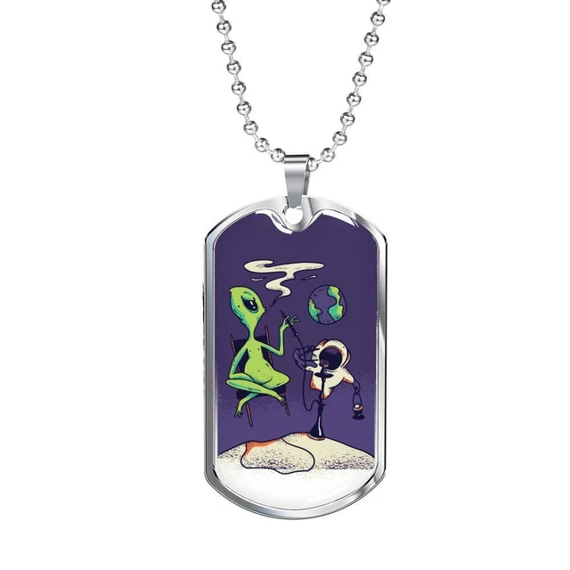 Alien UFO Fan Gift Alien Smoking Hookah Necklace Stainless Steel or 18k Gold Dog