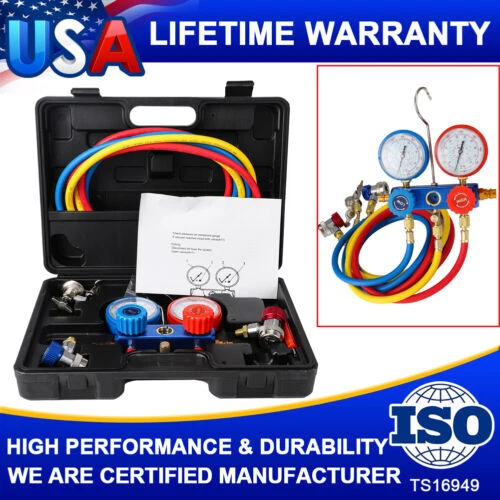 AC DIAGNOSTIC MANIFOLD Vacuum Gauge Set 5FT Hose Quick Couplers Can Tap