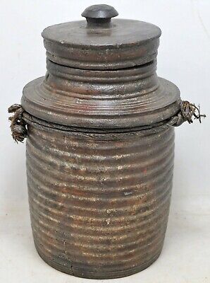 Antique Wooden Round Himalayan Grains Pot With Lid Original Old Fine Hand Carved