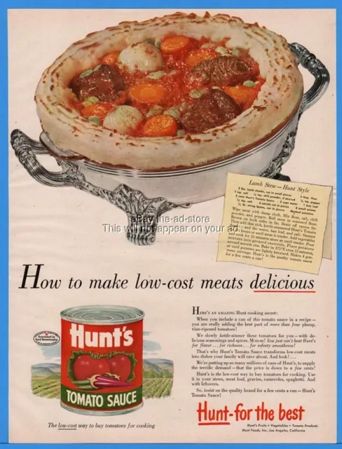 1949 Hunts Tomato Sauce Lamb Stew Recipe Silver Pie Server Magazine Print Ad