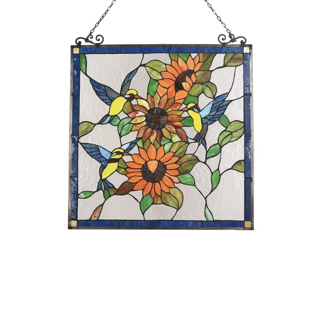 26" x 25" Tiffany style stained birds and flowers floral hanging window panel