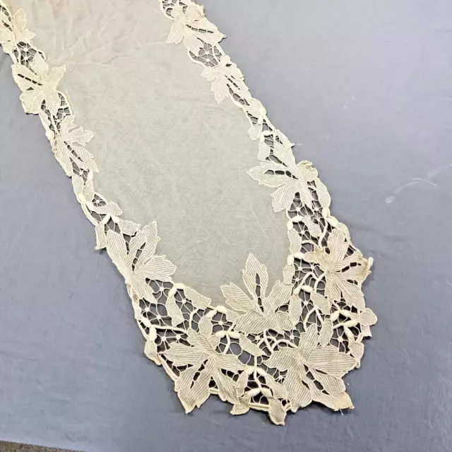 Antique French Net Tambour Lace Runner Maple Leaf Embroidered Needlelace Shawl#2