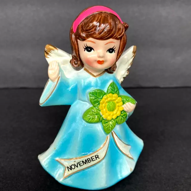 VTG Korea Chalkware Angel NOVEMBER Birthday Month Sunflower Girl Figurine 4 in