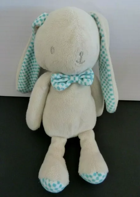 *. DOUDOU PELUCHE KLORANE BEBE LAPIN ECRU CARRE VERT BLEU 23cm EXCELLENT ETAT