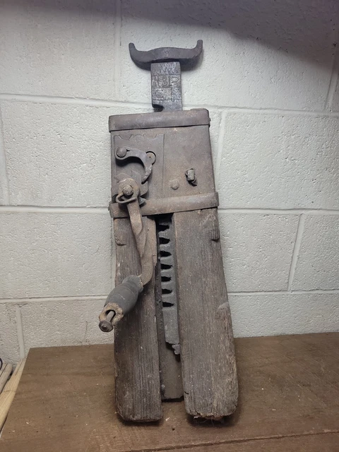 #2-  Antique 1813 Signed CB Conestoga Wagon Jack - Hand Forged Metal & Wood