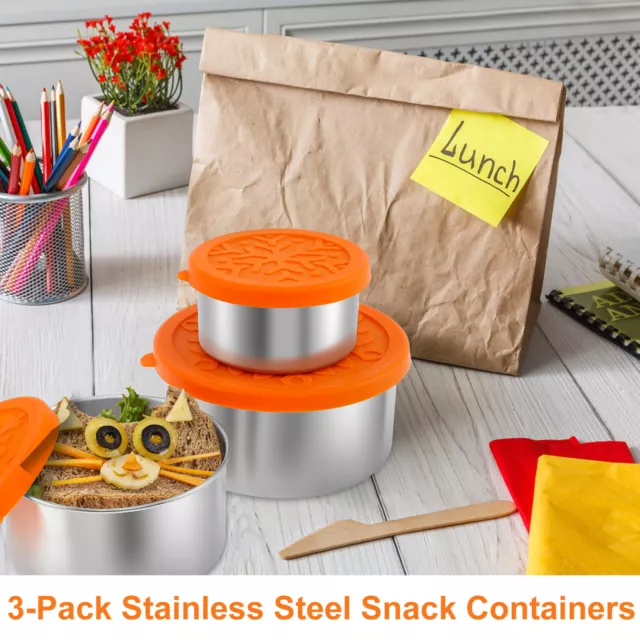 3Pcs 304 Stainless Steel Snack Container 220ml 400ml 680ml Food Storage ◔