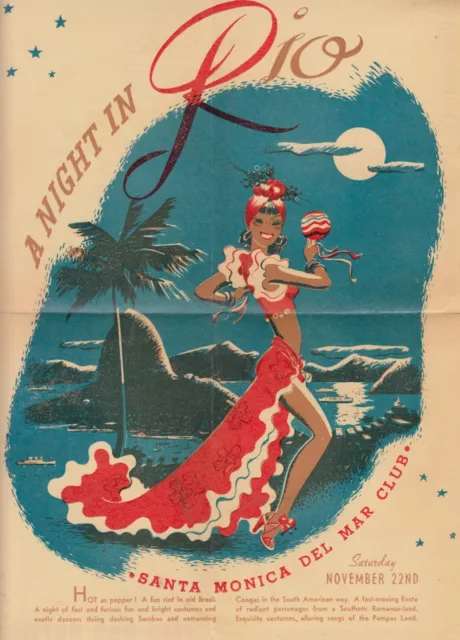 SANTA MONICA DEL MAR CLUB  mailer for “A Night in Rio” w dancing woman pix 1930
