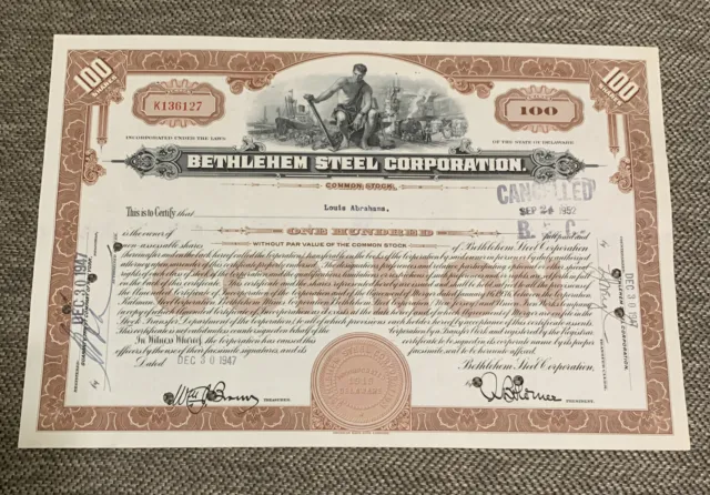 Bethlehem Steel Corporation manufacturing company stock certificate