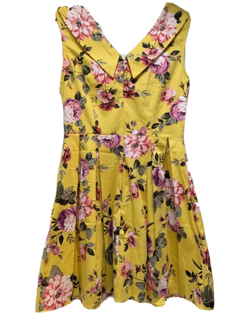 Mod Cloth IXIA Fit and Flare Yellow Floral Dress Pockets V-neck Size Medium