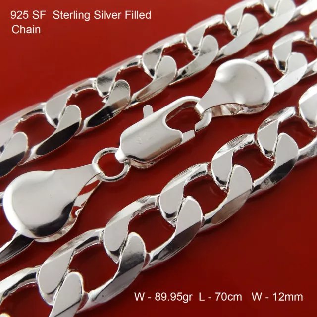 Necklace Real 925 Sterling Silver Filled Solid Men's Cuban Link 12mm Chain 70cm 3