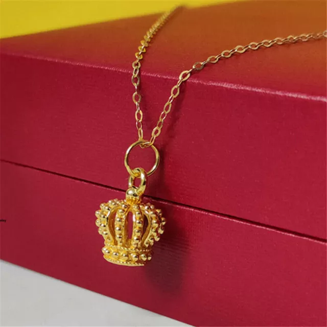 1pcs Pure 999 24K Yellow Gold Crown Pendant With 18K O Link Necklace 17.9inch