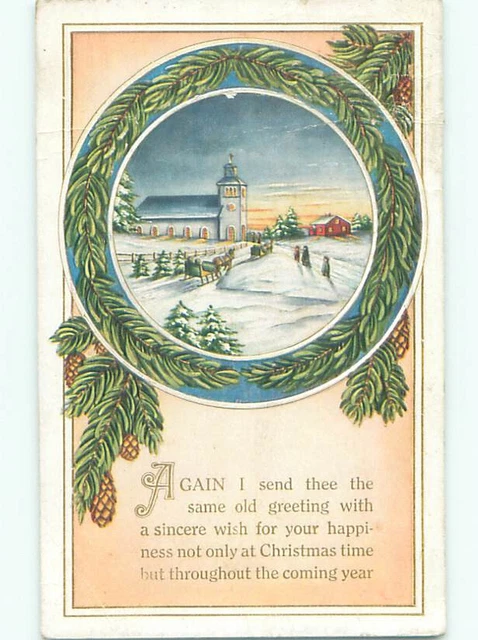 Pre-Linen christmas HORSE-DRAWN SLEIGH GOING TO CHURCH k1454