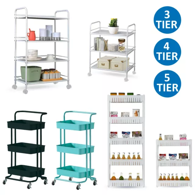 3/4/5 Tier Slim Kitchen Salon Storage Trolley Cart Rack Tray Shelf Rolling Wheel