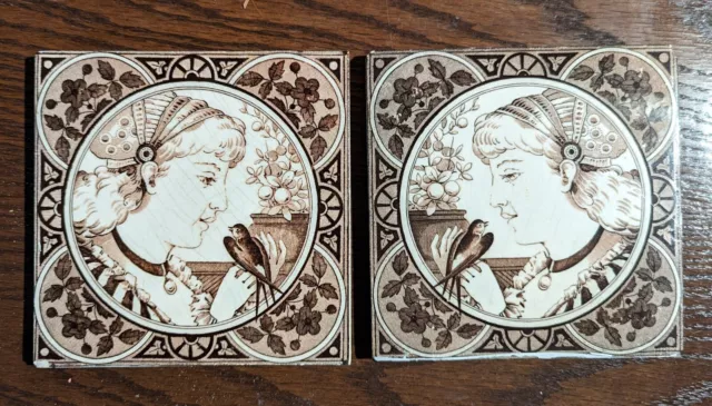 Set of Two Antique Tiles: Lady with Songbird