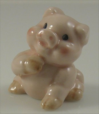 Ceramic Pig Figurine Pink Hand on Chin Handpainted 1.3" long 1.5" tall Sitting