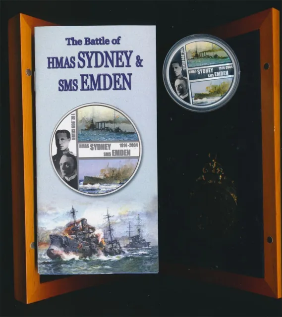 Cook Islands: 2004 $1 HMAS Sydney & SMS Emden 1oz Silver coin & Medal Set, Cased